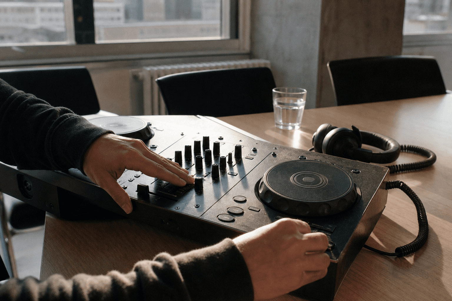 Hände am DJ-Controller auf einem Konferenztisch, daneben Kopfhörer
